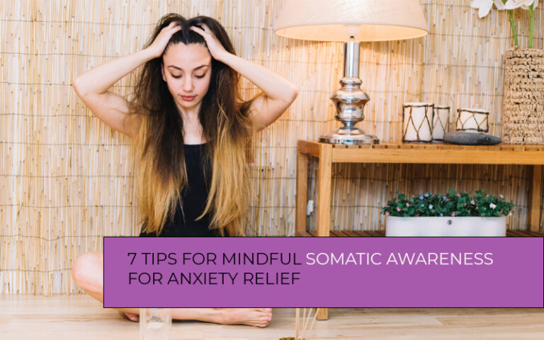 Girl practicing mindful somatic awareness breathing exercise on a yoga mat to support anxiety relief