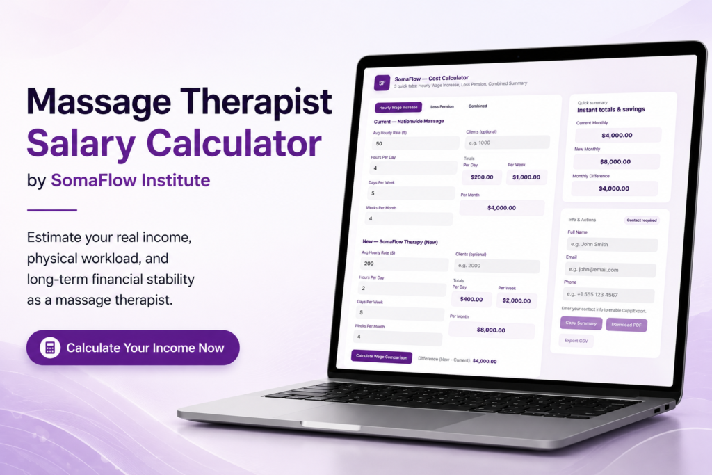Massage therapist salary calculator showing income, workload, and financial stability planning