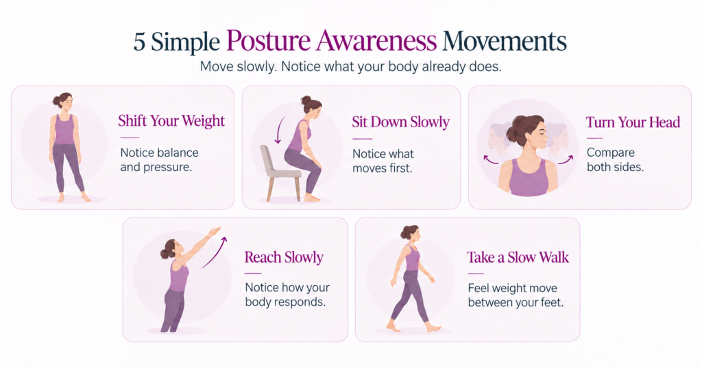 Person practicing simple posture awareness exercises through movement