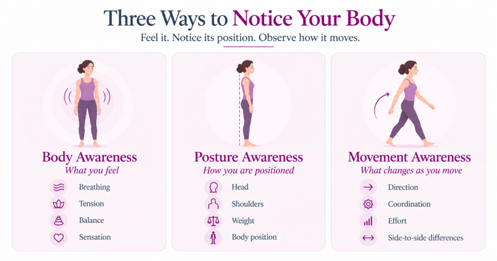 Person noticing muscle tension while practicing posture awareness