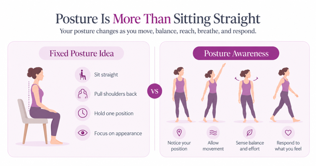 Person demonstrating healthy sitting posture with a relaxed spine